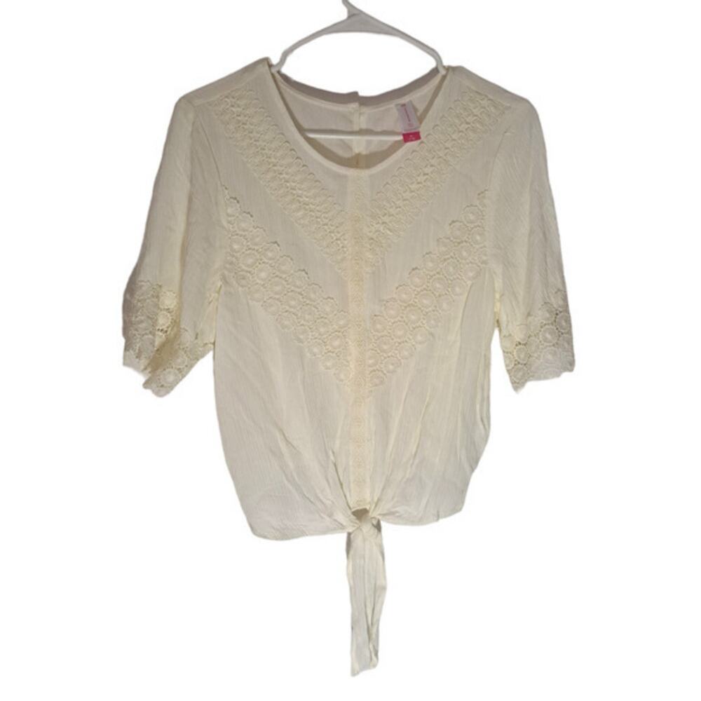 No Boundaries Girls Tunic Elbow Sleeve‎ Tie Front Scoop Neck Top Beige Sz M 7-9